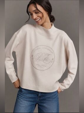 Anthropologie Cream Sweater Carys Mock-Neck by Maeve/XL/ knit/ logo